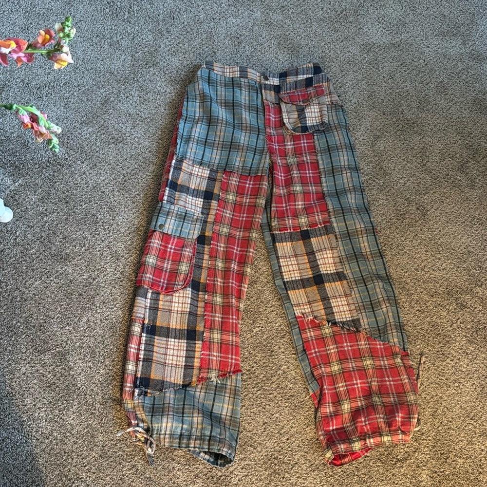 Red white and blue patchwork plaid pants